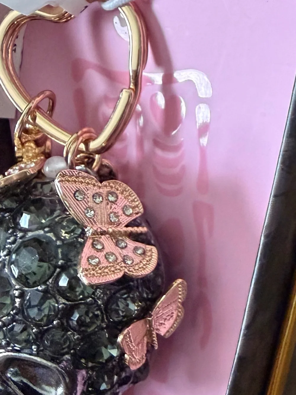 Betsey Johnson Black Crystal Skull Keyring with Gold Butterfly Accents